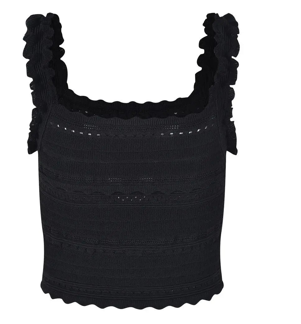 Lady Sexy Summer High Street Knit Suit Square Collar Sleeveless Short Tank Top Midi Ruffle Hem Skirt Women Hollow Out Solid 2Pcs