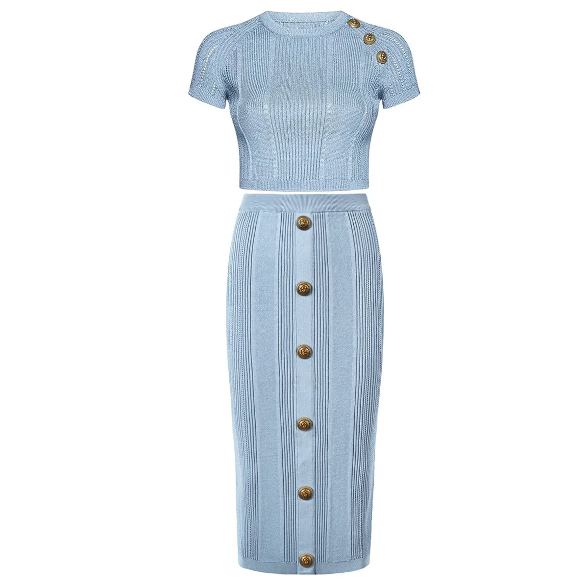 O-neck Short Sleeve Tops Slim Fitted Single-breasted Midi Skirt Women Knits 2Pcs