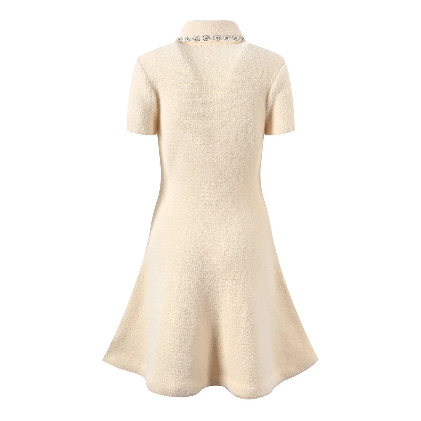 Turn-down Collar Short Sleeve Women Knit A-line Mini Dress
