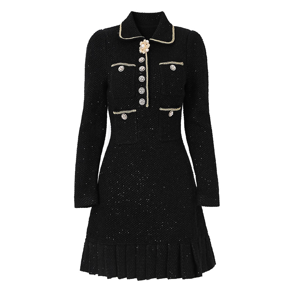 Diamonds Buttons Beaded Sequineds Women Woven Slim A-line Dress