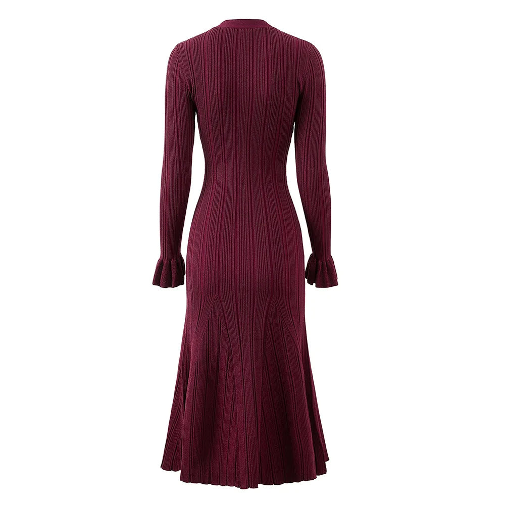 Long Sleeve Women Knit Slim Fitted Maxi Dress
