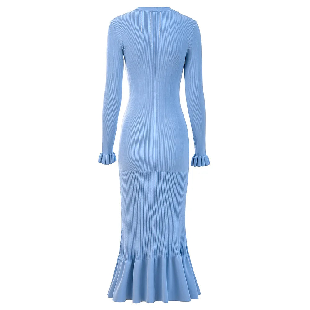 Lady Solid V-neckline Long Sleeve Women Knit Slim Fitted Flared Hem Maxi Dress