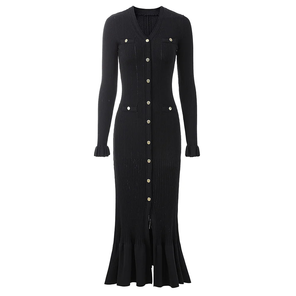 Lady Solid V-neckline Long Sleeve Women Knit Slim Fitted Flared Hem Maxi Dress