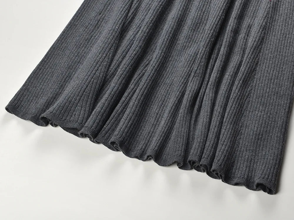 Patchwork Ruffles Collar Long Sleeve Flared Hem Solid Knits Maxi Dress For Women