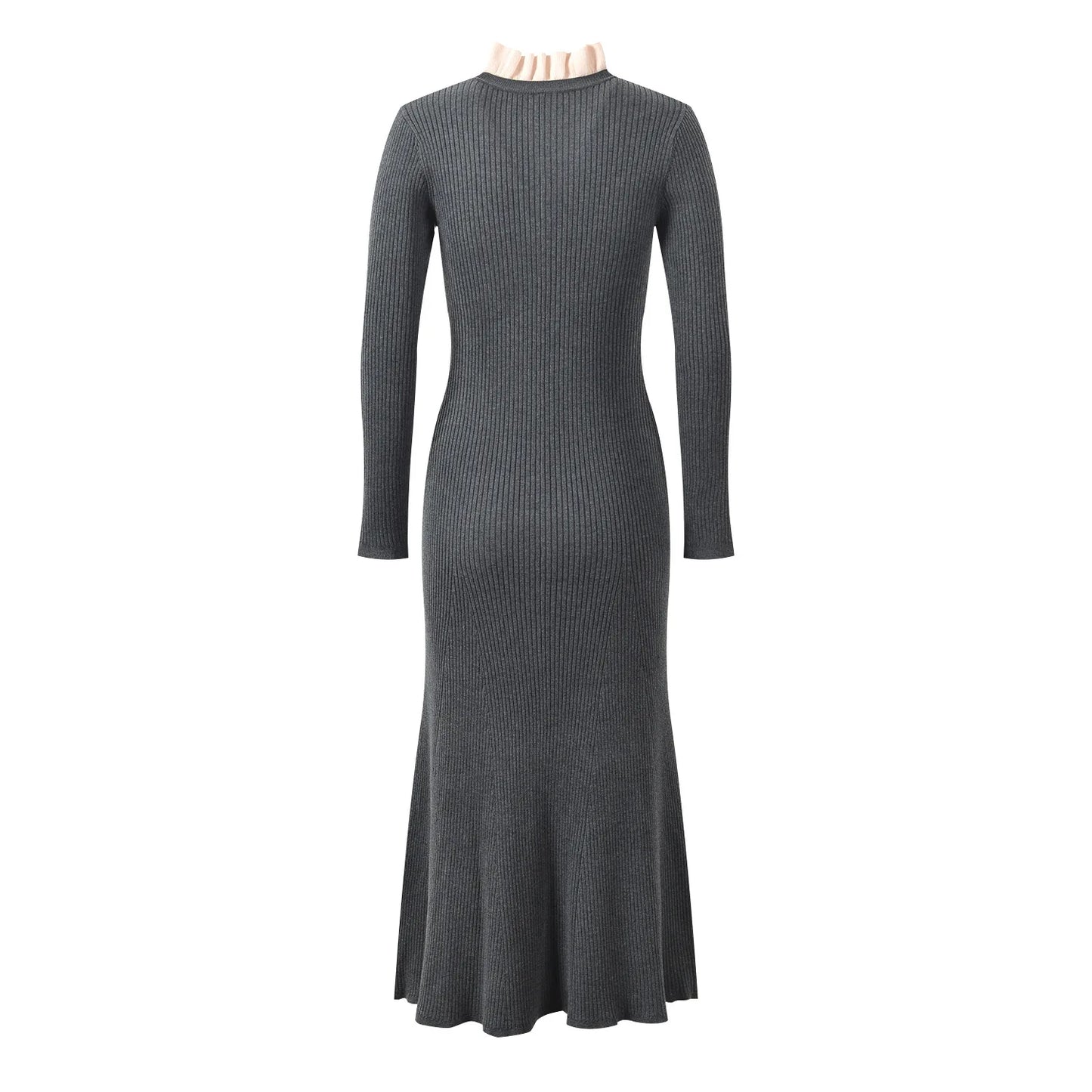 Patchwork Ruffles Collar Long Sleeve Flared Hem Solid Knits Maxi Dress For Women