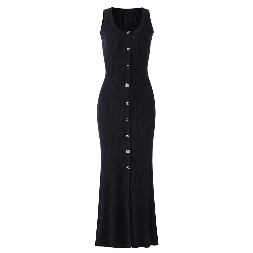 Sleeveless Single-breasted Women Fit And Flare Knit Long Dress
