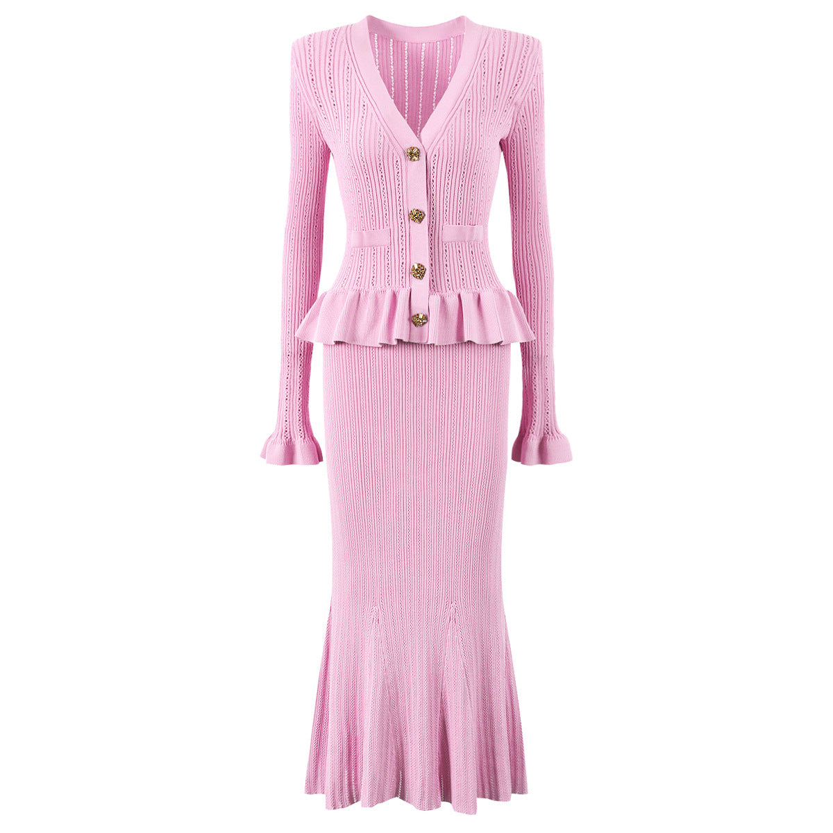 Women's V-neck knitted long-sleeved dress