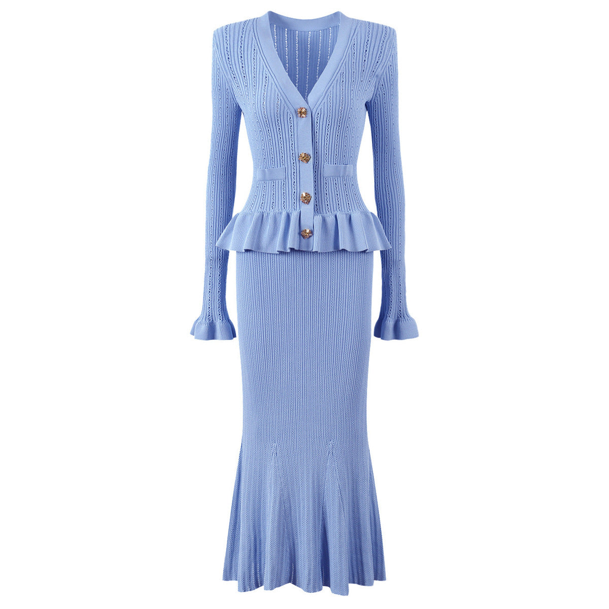 Women's V-neck knitted long-sleeved dress