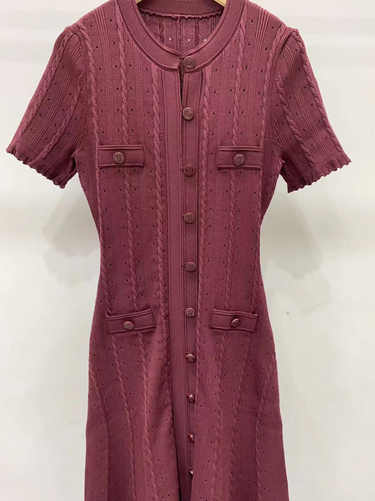 Women's high quality short sleeve lapel knitted slim fit dress