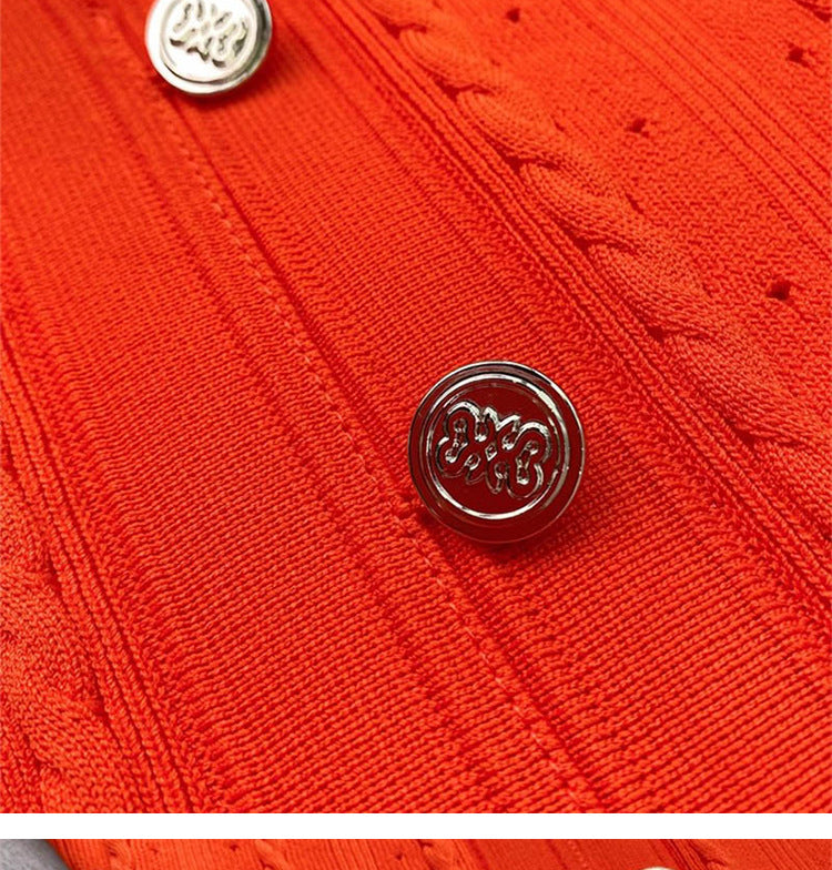 Women's Red Short Sleeve Single Row Buttoned Fitted Knit Dress