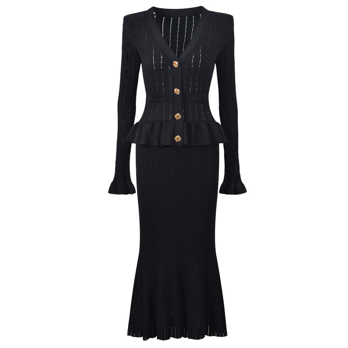 Women's V-neck knitted long-sleeved dress