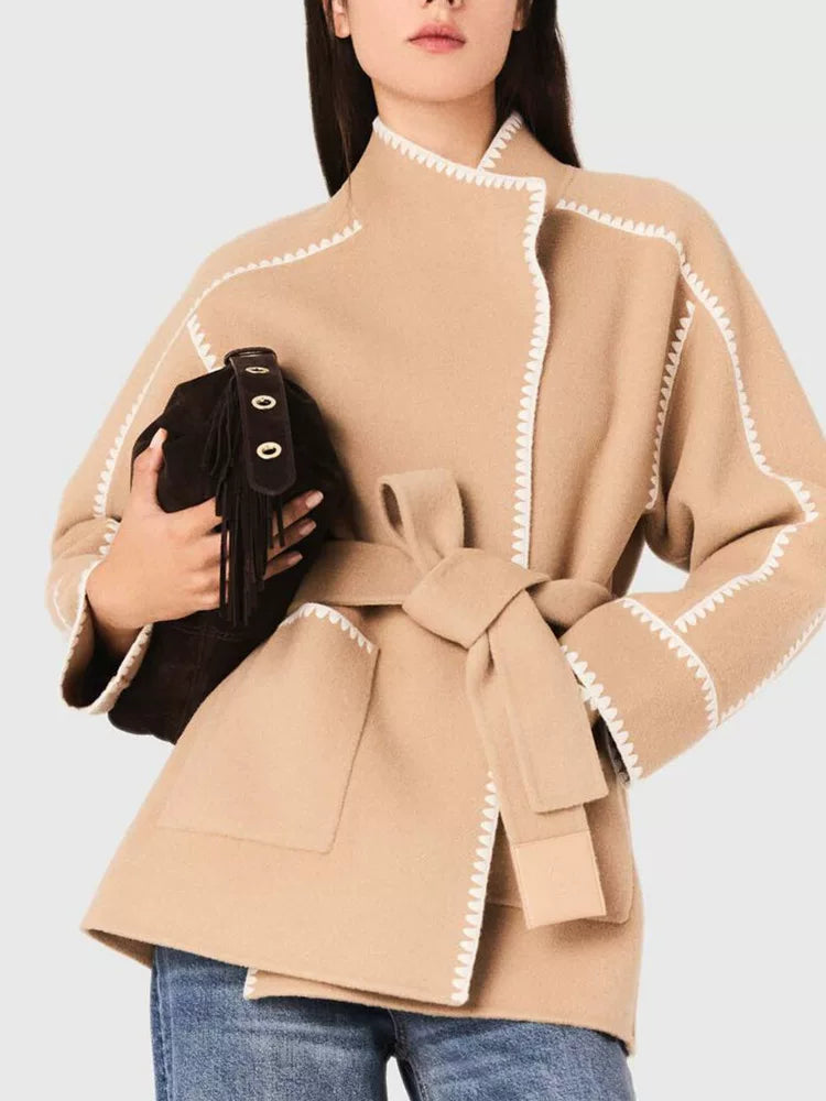 Women's French wool blend lace up short double-sided woolen coat