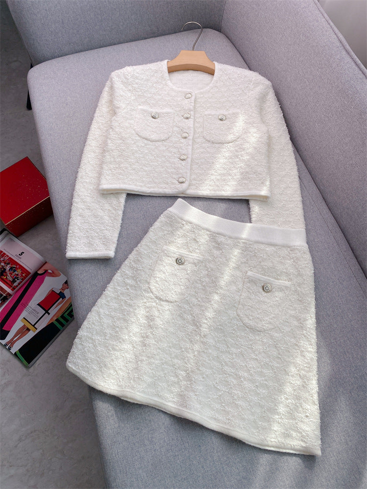 Women's white knitted three-piece suit