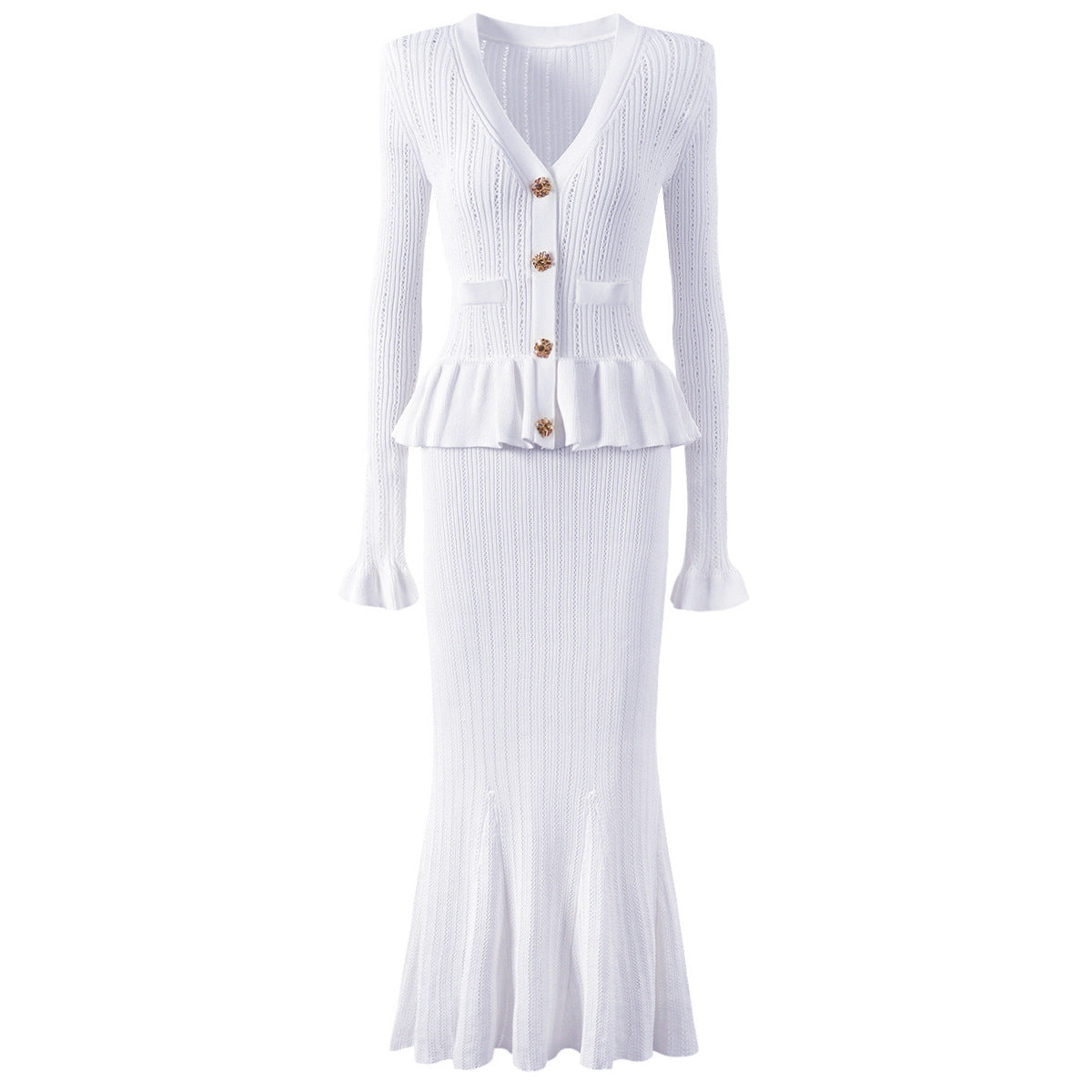 Women's V-neck knitted long-sleeved dress