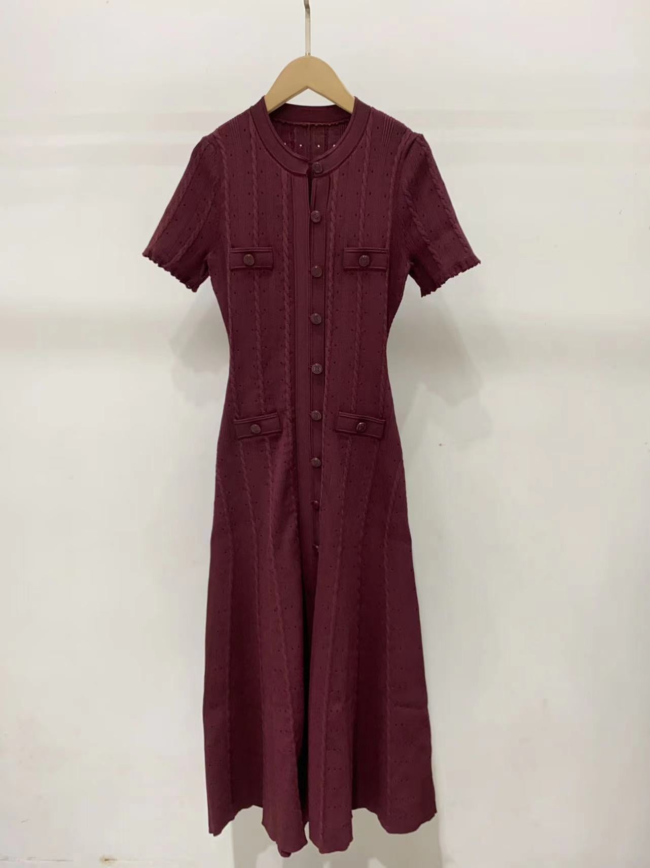 Women's high quality short sleeve lapel knitted slim fit dress