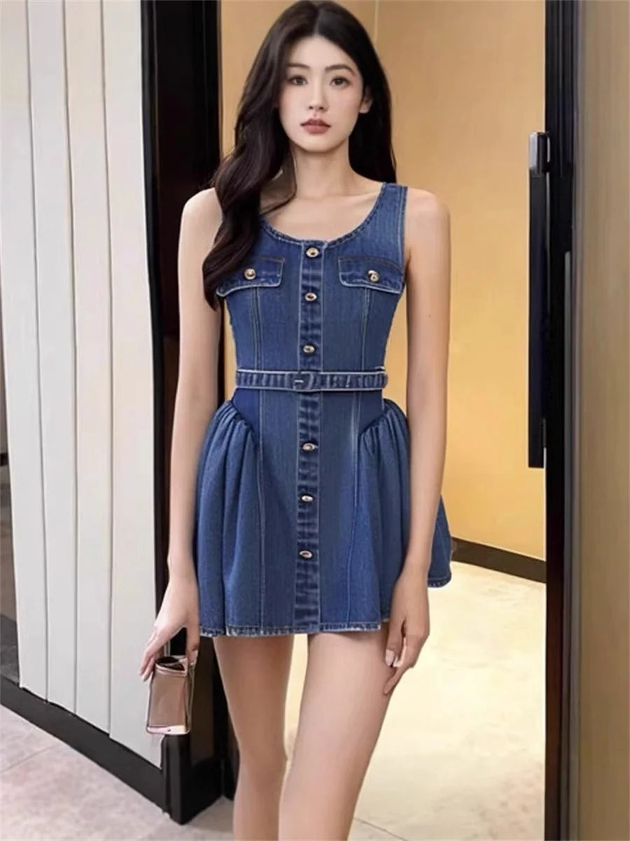 Blue Women Denim Mini Ball Gown Dress