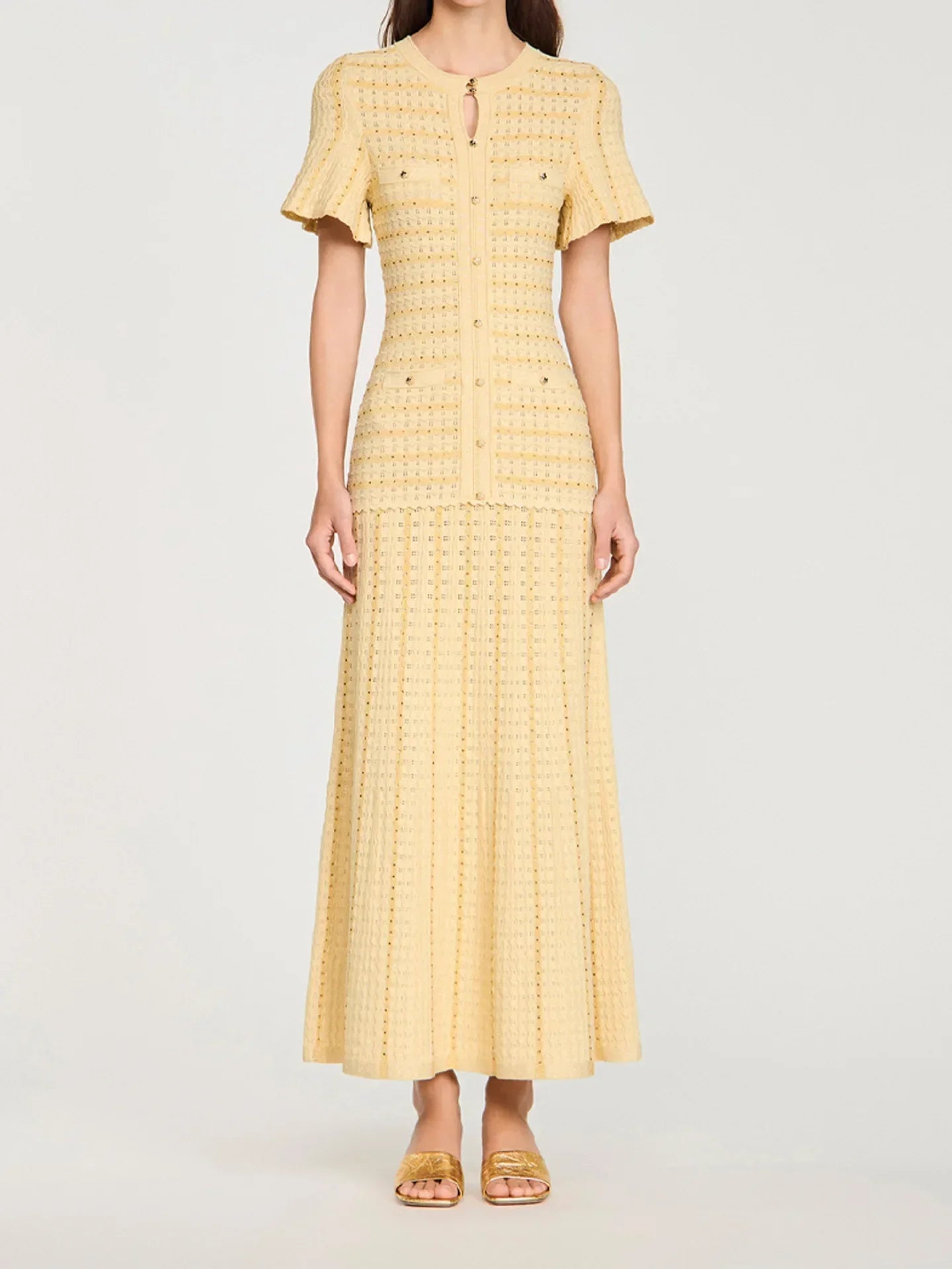 Women's golden short sleeve slim elegant dress