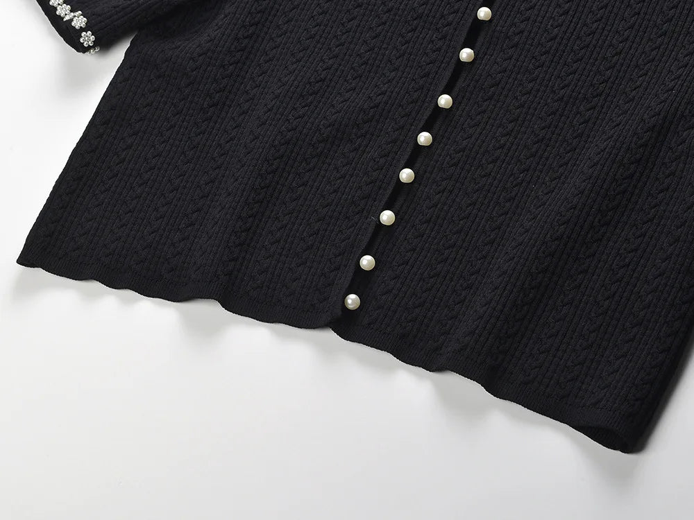 Women's black elegant two-piece suit with short-sleeved cardigan or sleeveless vest dress