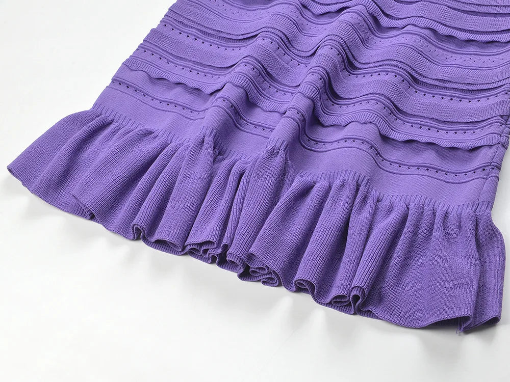 Long Sleeve Women Knit Slim Fitted Ruffles Hem Short Mini Solid Dress