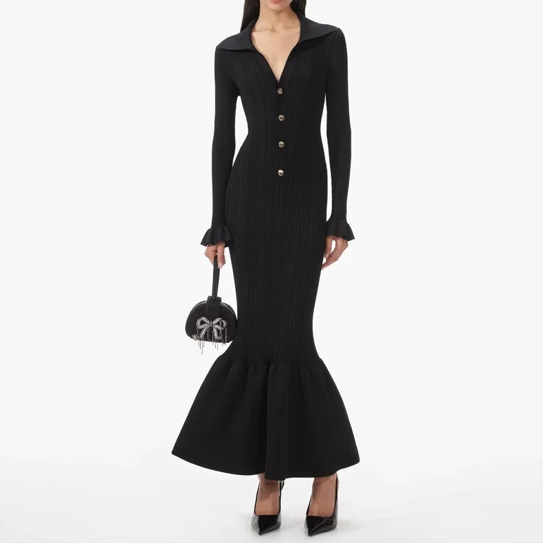Long Sleeve Stitching Slim Fitted Women Single-breasted Knits Long Solid Dress