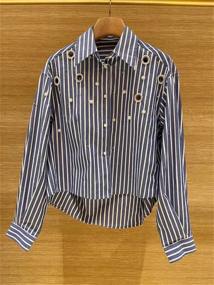 Women's blue long-sleeved pearl hollow shirt