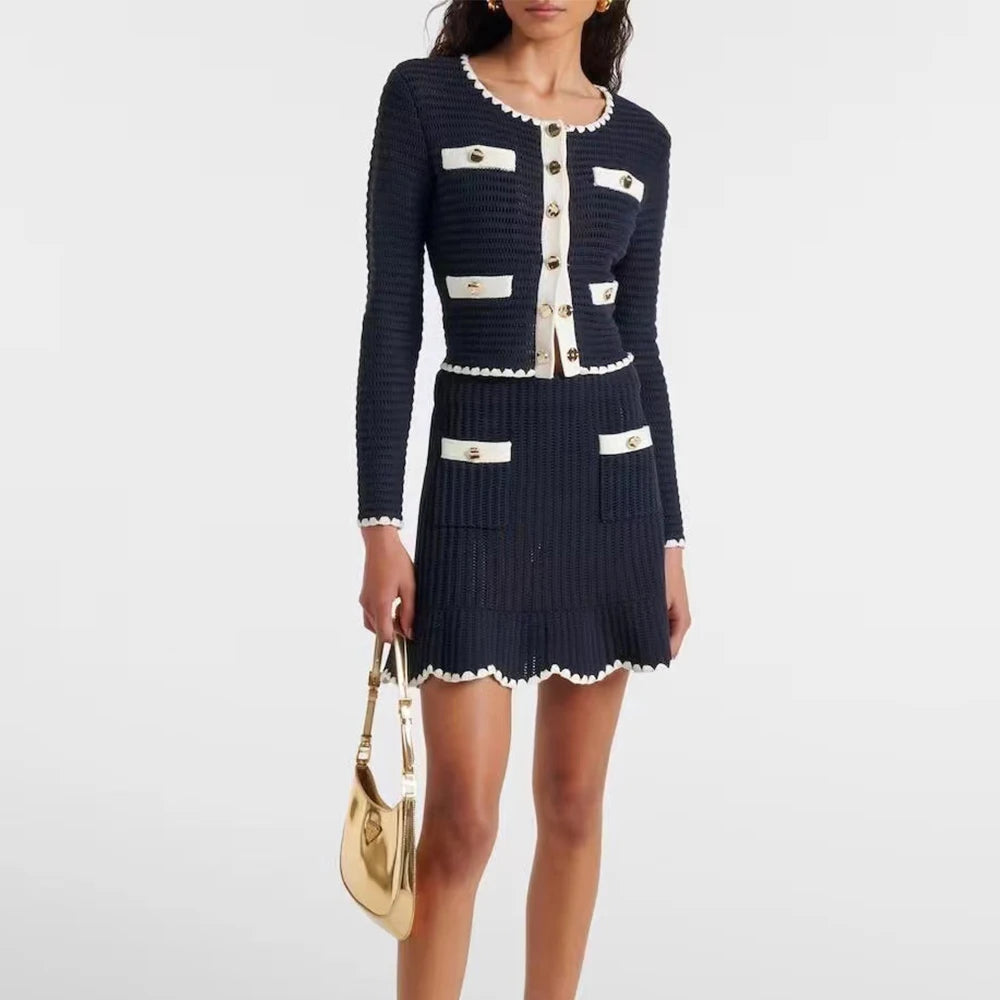 High quality French contrasting round neck two-piece set