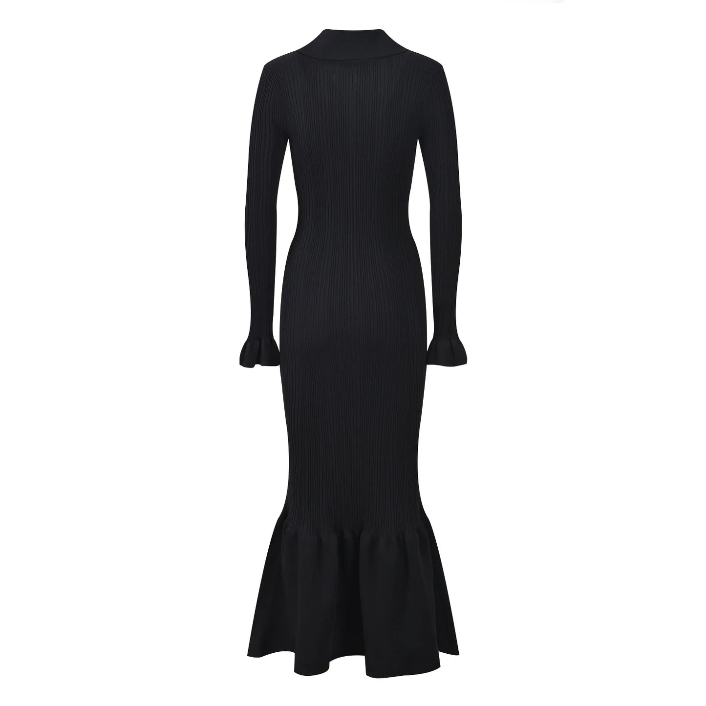 Long Sleeve Stitching Slim Fitted Women Single-breasted Knits Long Solid Dress