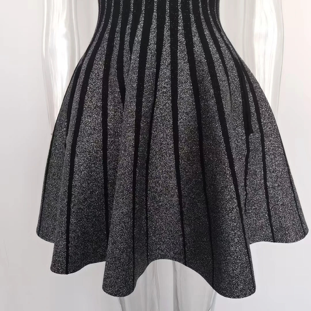O-neckline Women Mini Short Knitted A-line Striped Dress