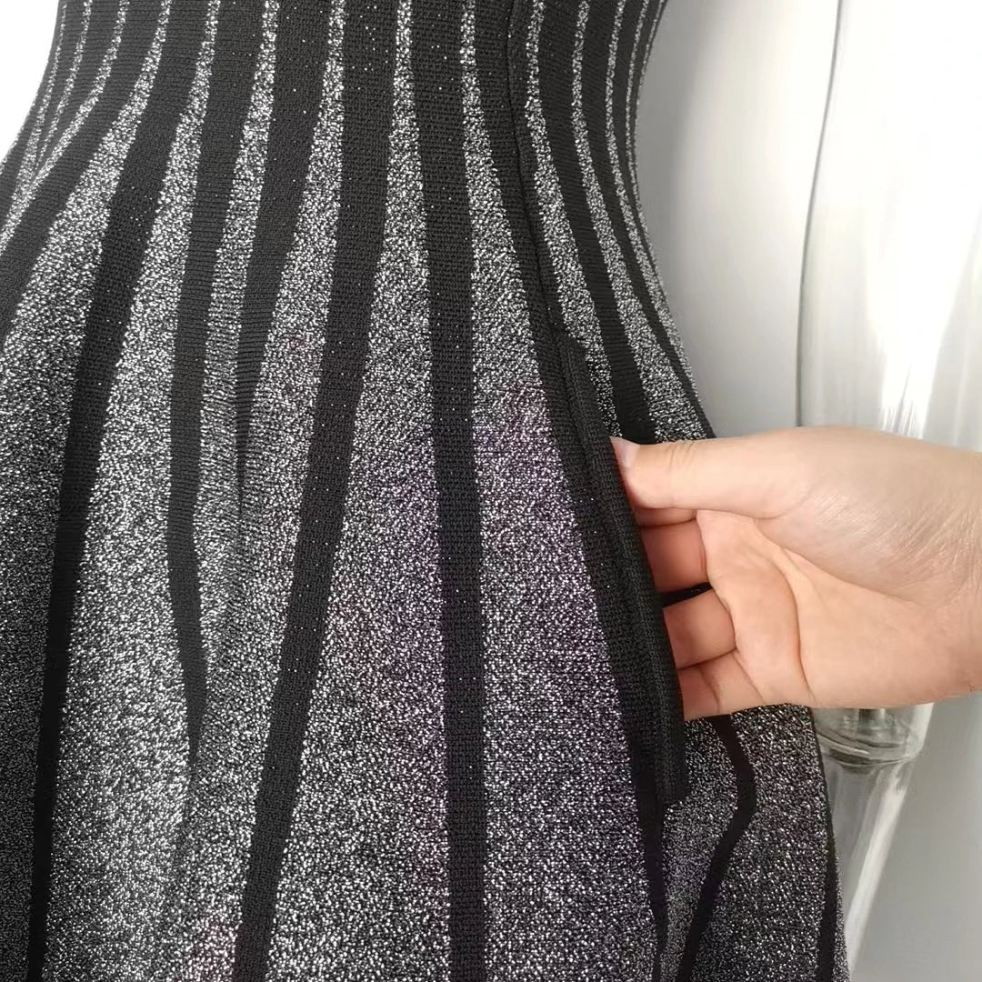 O-neckline Women Mini Short Knitted A-line Striped Dress