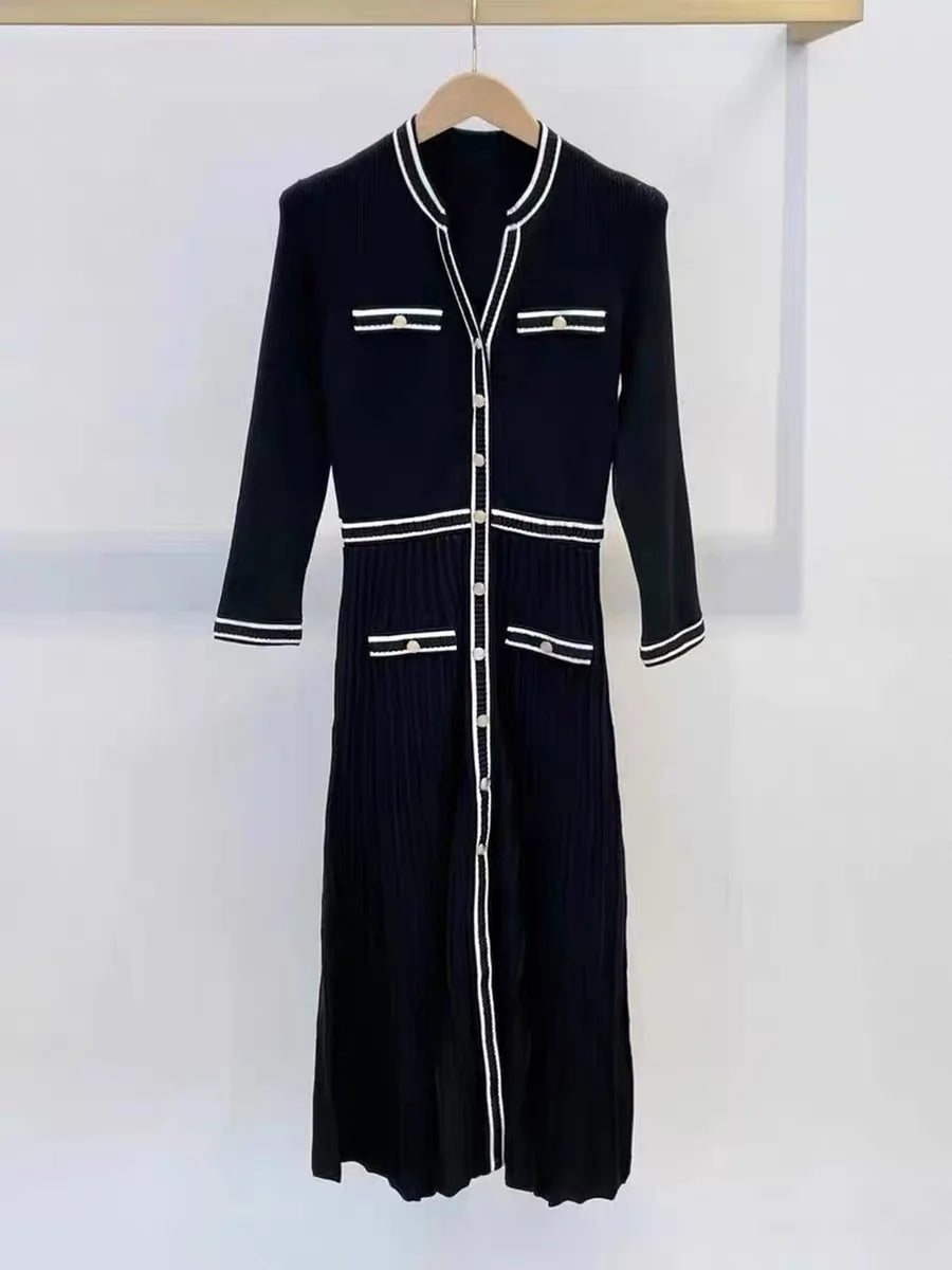 Women's black round neck seven quarter sleeve knitted dress