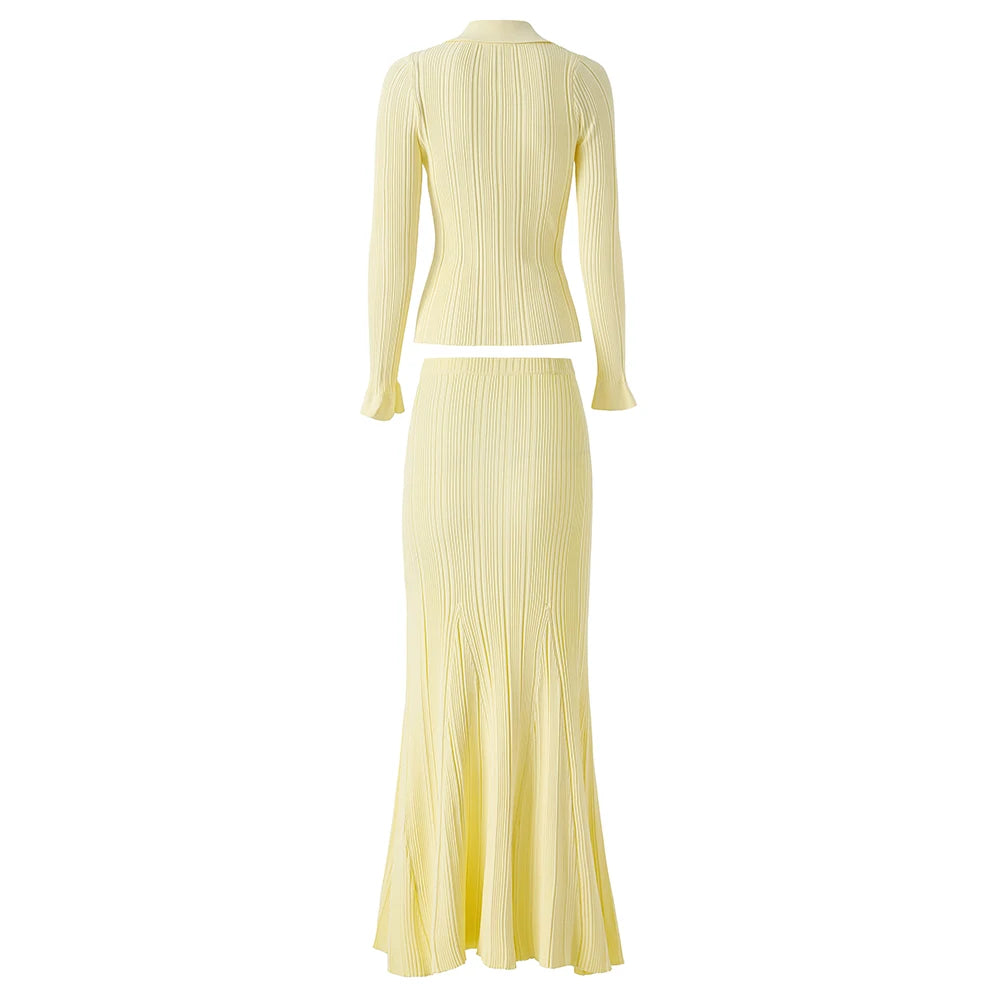 Women Knitted 2PCS Sets Slim Sweater Tops and Long Skirt