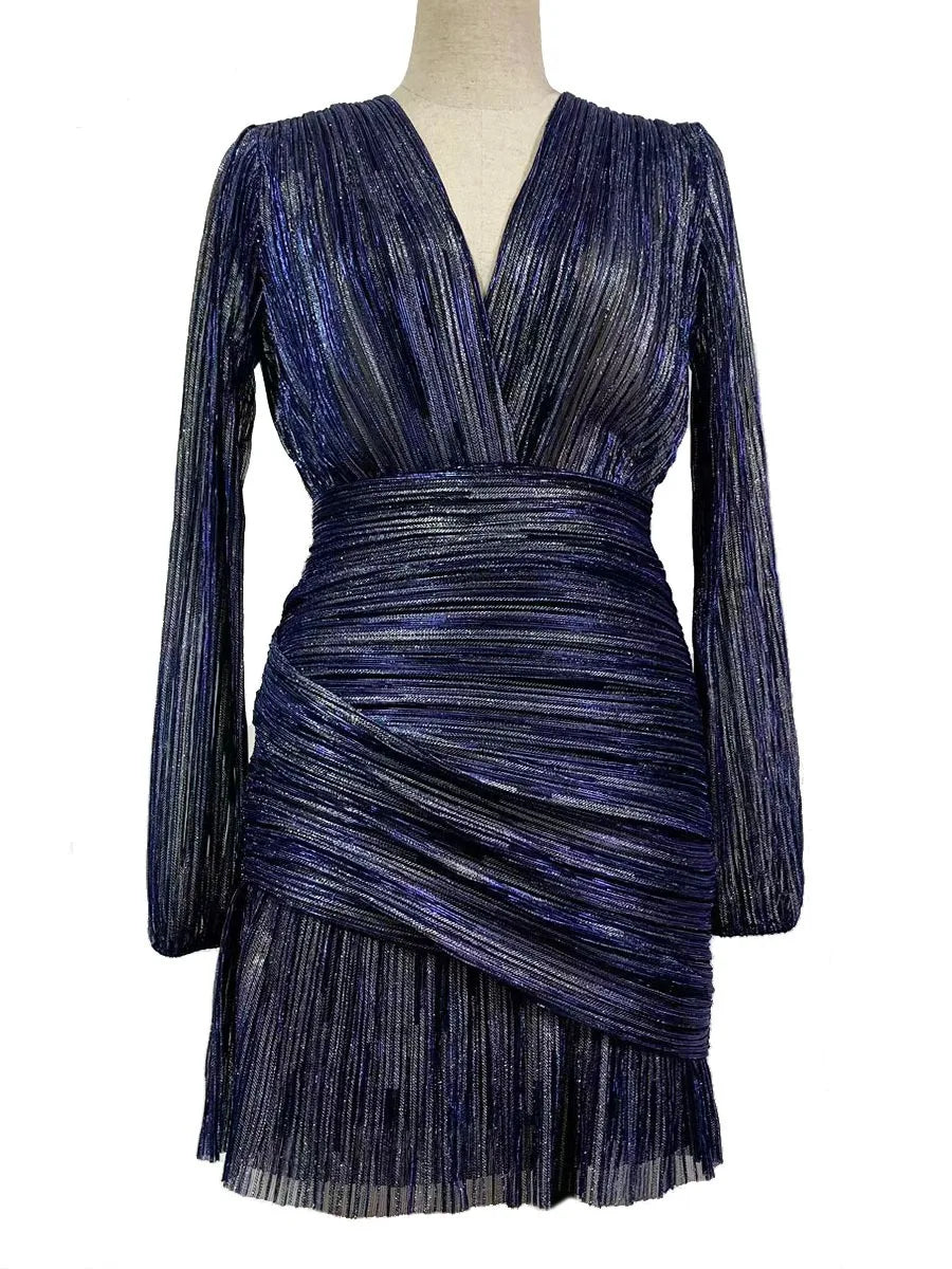 Sexy V-neck Pleated Dress Long Sleeve Wrap Waist