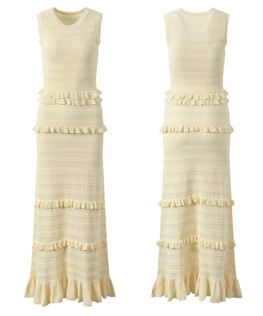 Lace Slim Fit Set Knitted Cardigan and Ruffled Sleeveless Knitted Dress