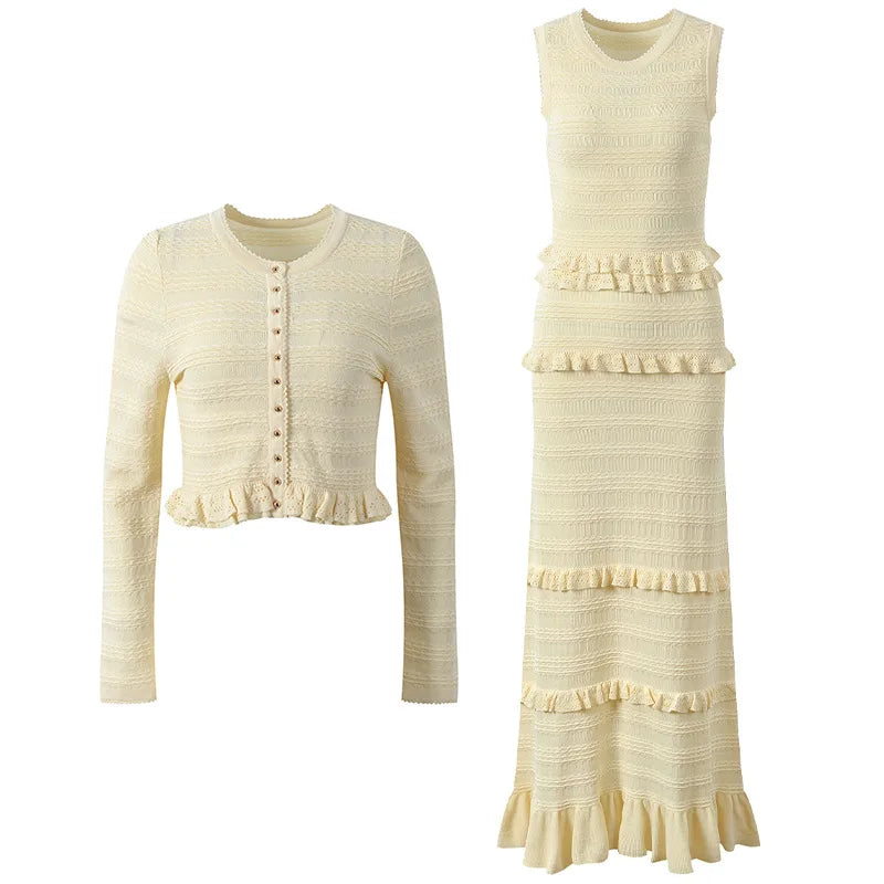 Lace Slim Fit Set Knitted Cardigan and Ruffled Sleeveless Knitted Dress