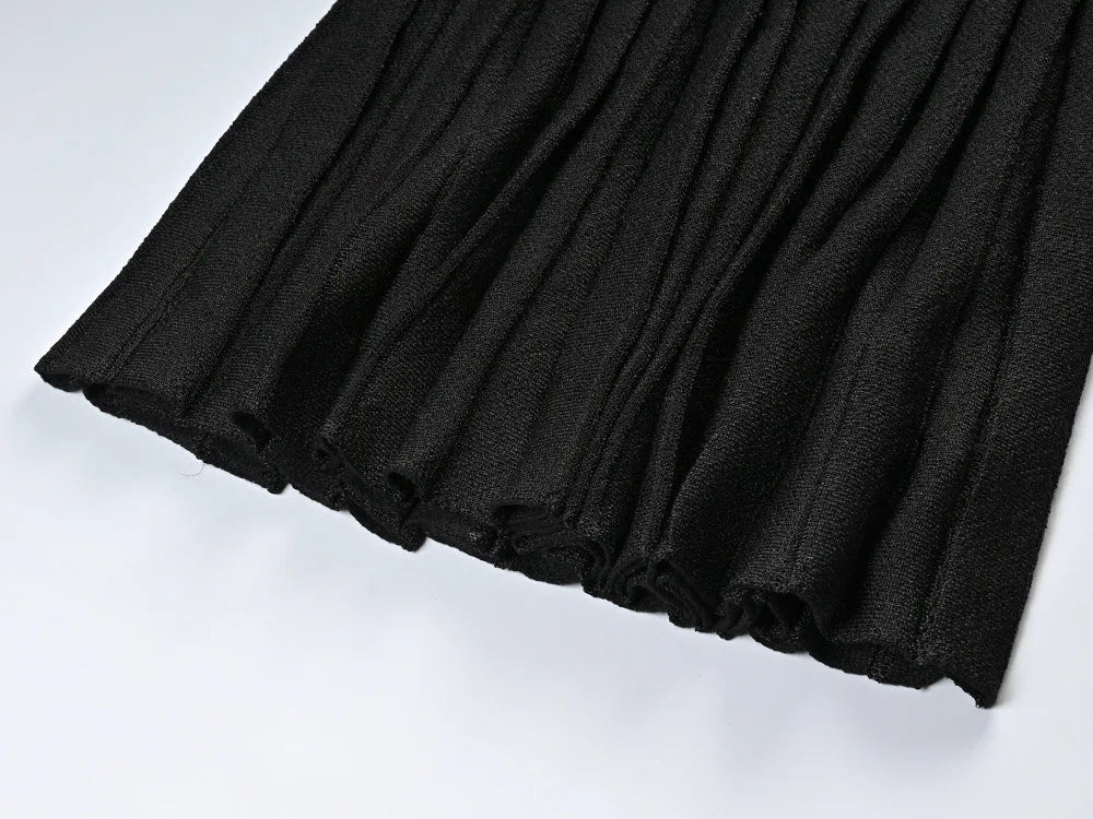 Long Sleeve Women Knit Slim Fitted Pleated Short Mini Black Dress