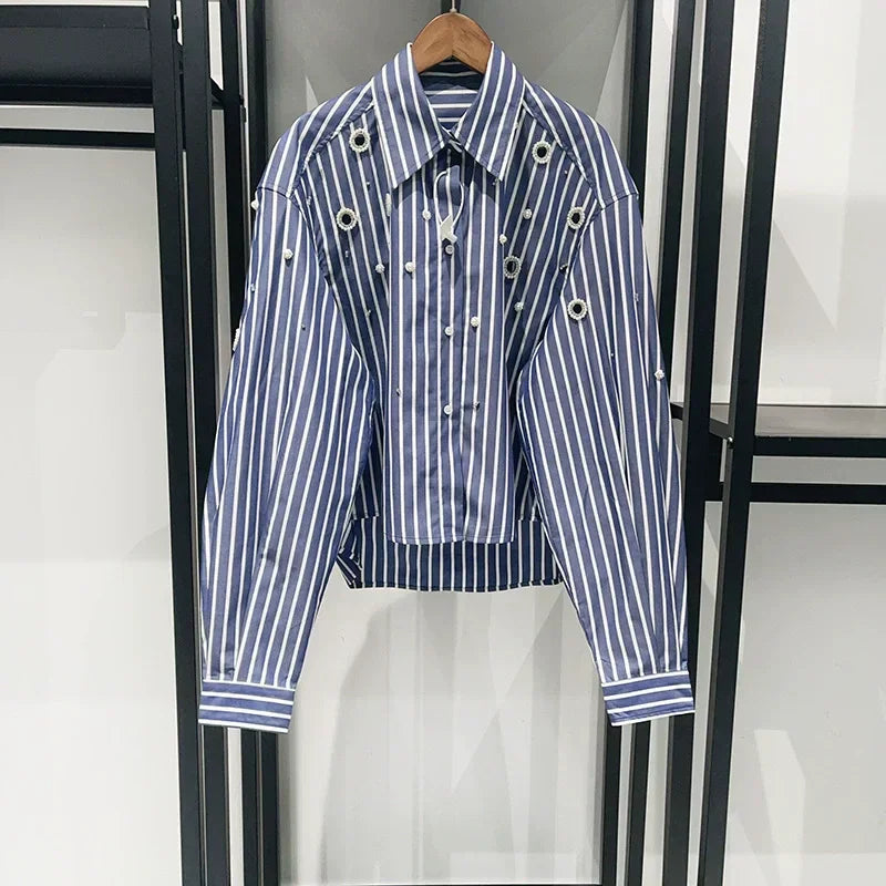 Women's blue long-sleeved pearl hollow shirt
