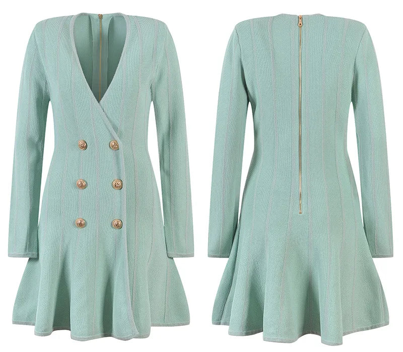 Women Luxury Design V-neck Long Slevee Fall 2025 Lady Knit A-line Dress