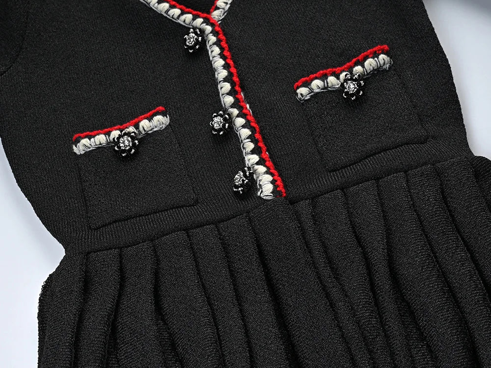 Long Sleeve Women Knit Slim Fitted Pleated Short Mini Black Dress