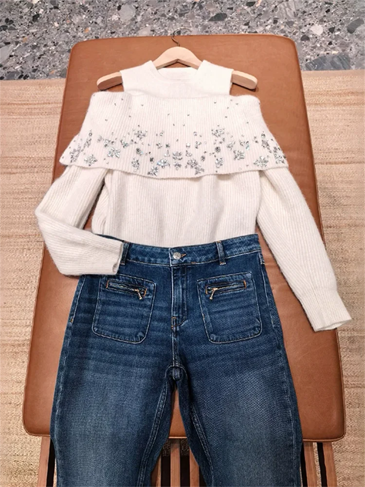 Diamond Decoration Women's Sexy Off Shoulder Knit Sweater