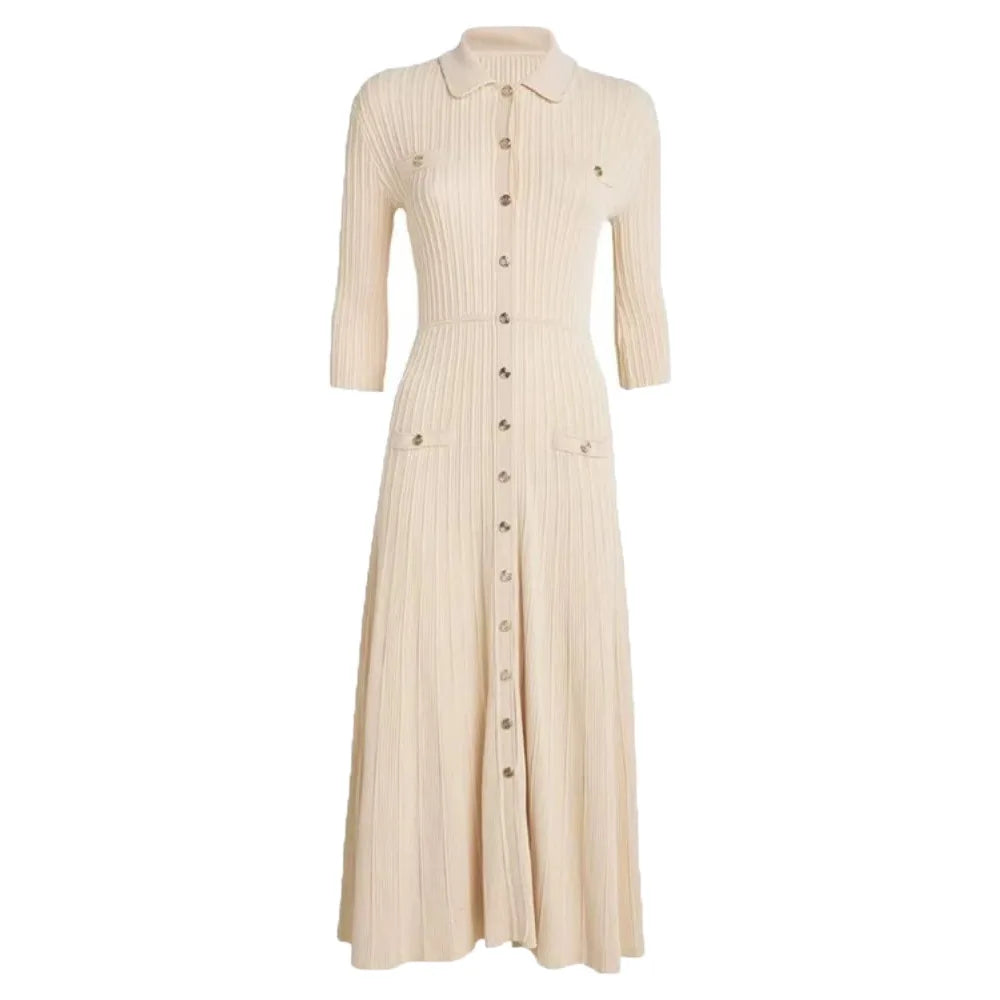 Women's lapel short-sleeved slim knitted midi dress