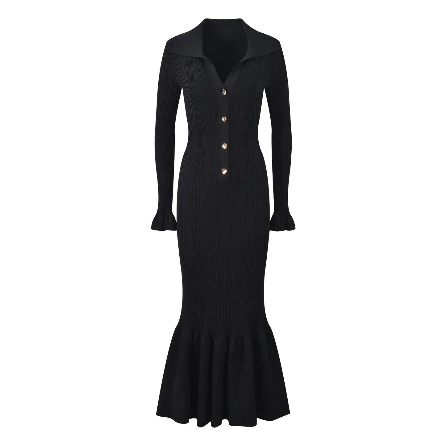 Long Sleeve Stitching Slim Fitted Women Single-breasted Knits Long Solid Dress
