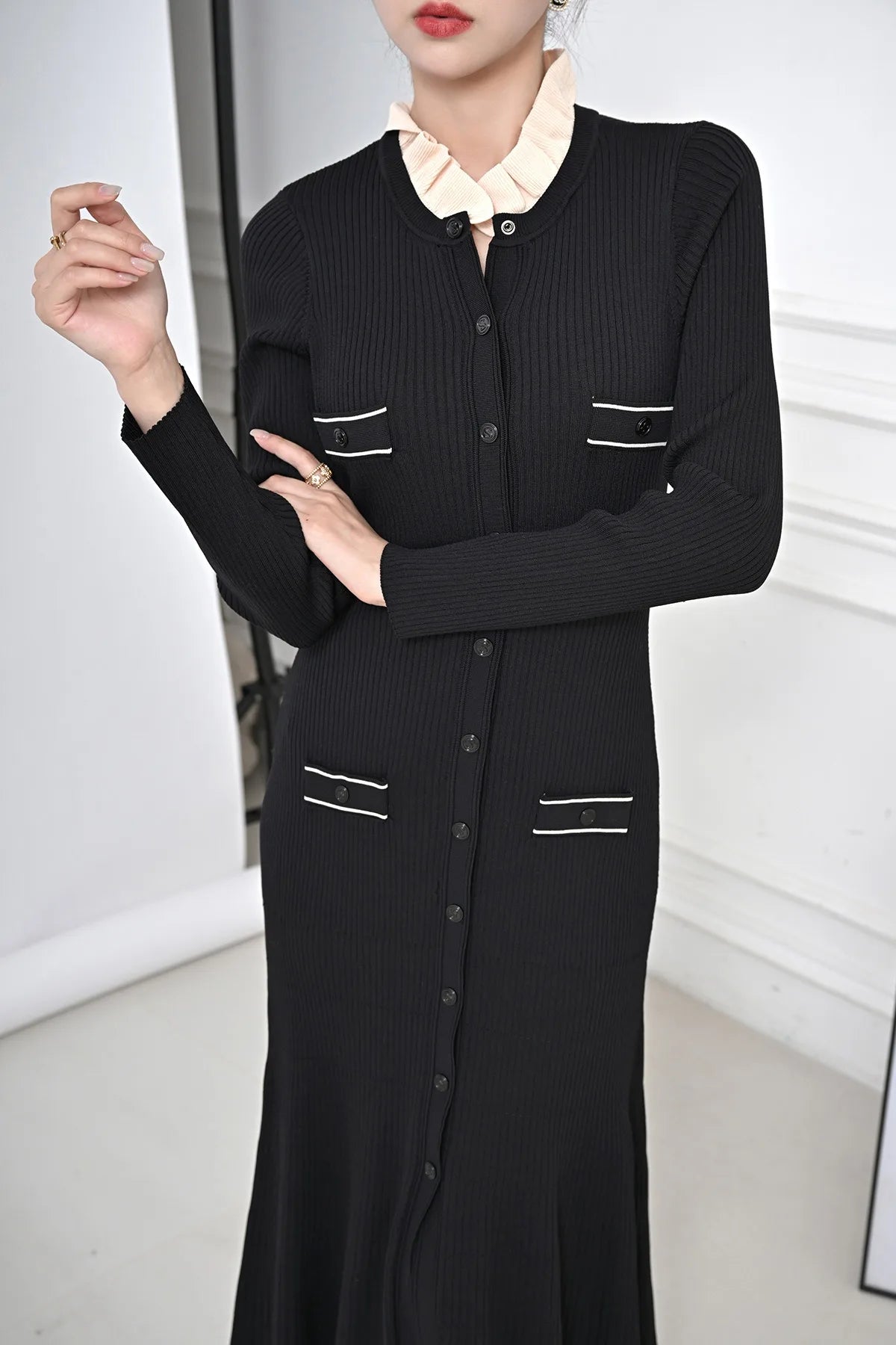 Long Sleeve High Slit Women Full Length Slim Knitting Dress