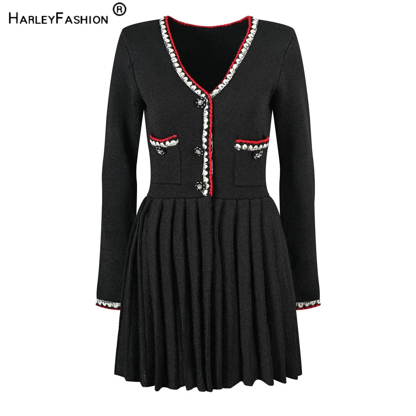 Long Sleeve Women Knit Slim Fitted Pleated Short Mini Black Dress