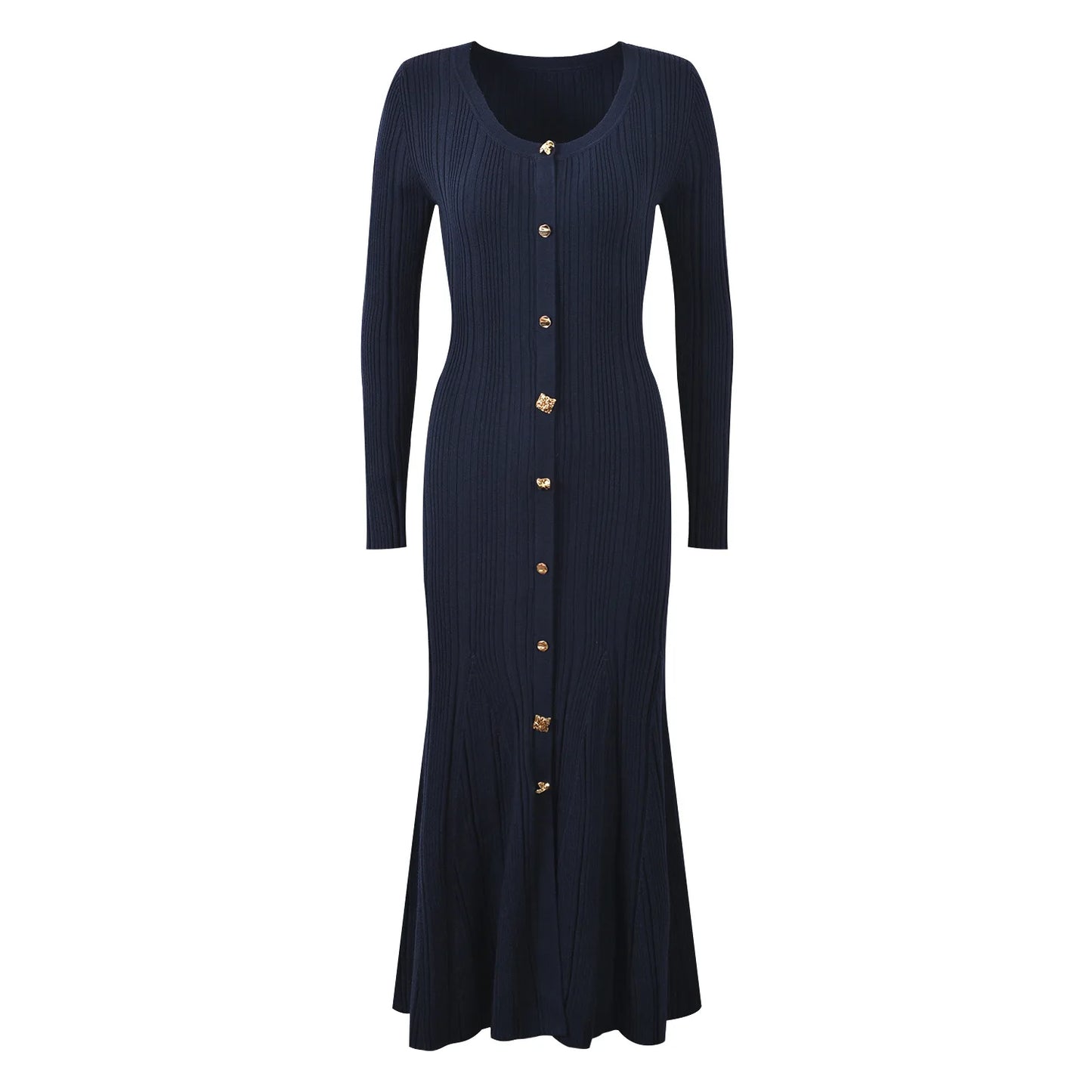 Women Knit Single-breasted Slim Fitted Flared Hem Maxi Mermaid Dress