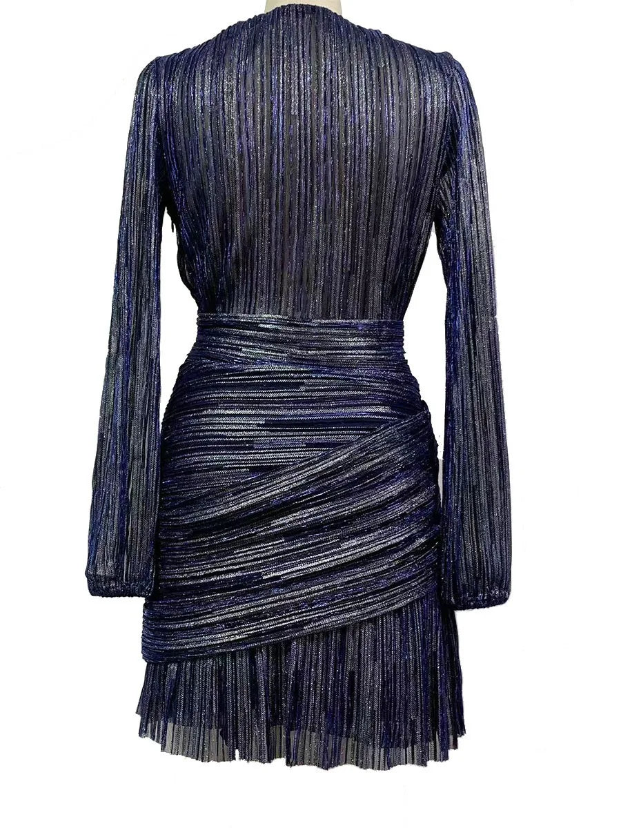 Sexy V-neck Pleated Dress Long Sleeve Wrap Waist