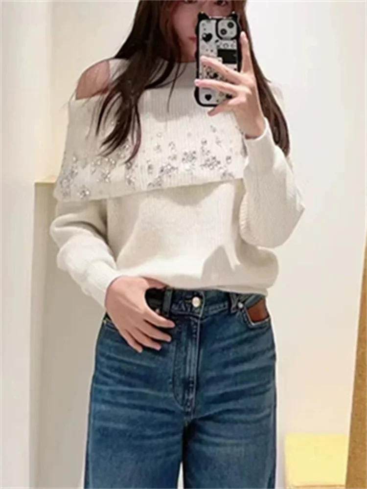 Diamond Decoration Women's Sexy Off Shoulder Knit Sweater