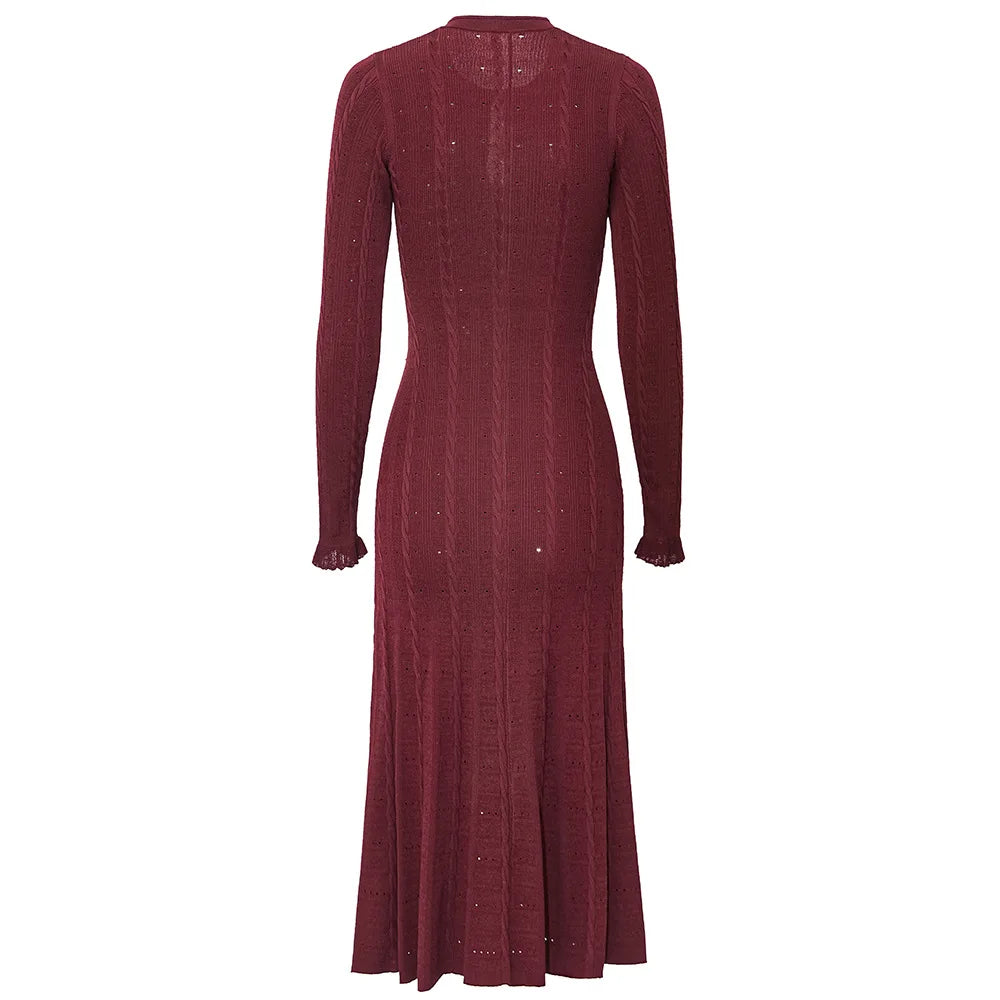 O-neck Long Sleeve Women Knit Slim Fitted Flared Hem Midi Dress