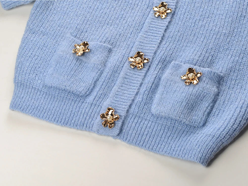O-neck Short Sleeve Single-breasted Cardigan Long Skirt Women Flowers Button Knit 2Pcs