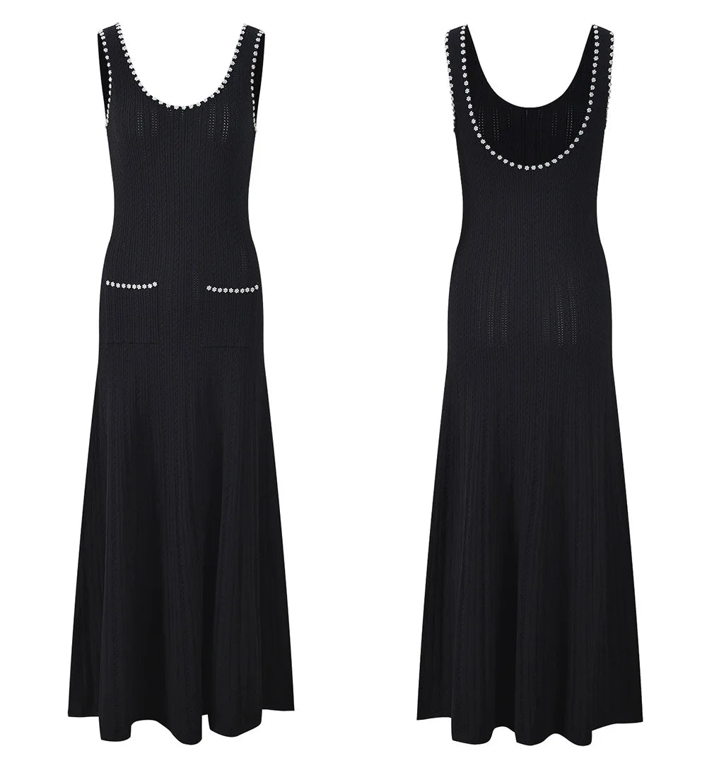 Women's black elegant two-piece suit with short-sleeved cardigan or sleeveless vest dress
