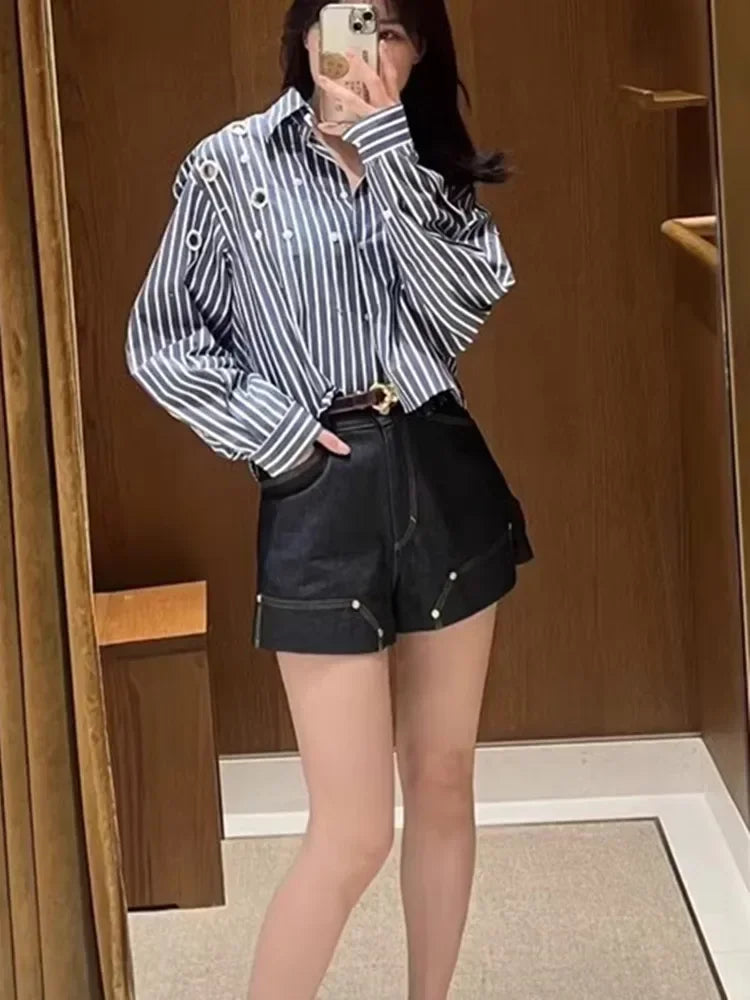 Women's blue long-sleeved pearl hollow shirt
